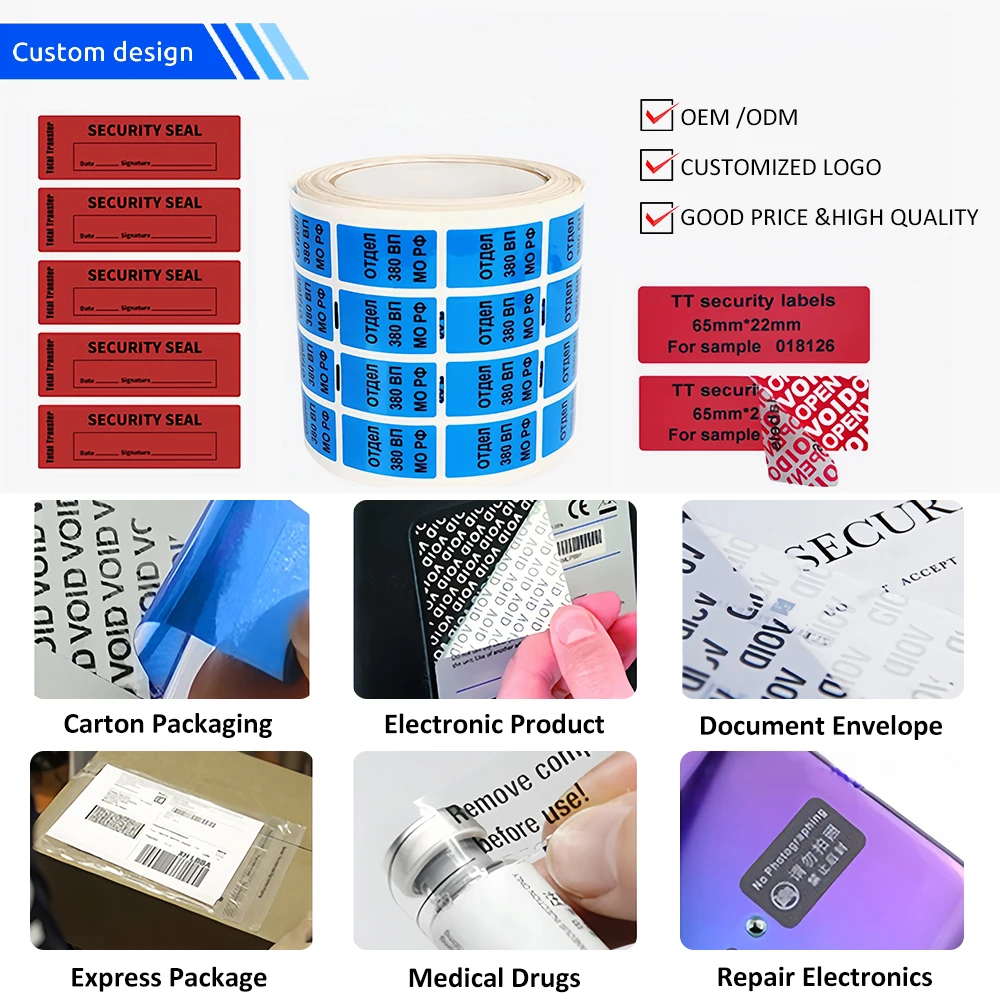 Custom Blue Full Transfer Void Label Tamper-proof Clear PET Warranty Sticker For Envelope Tamper Evident Security Seal Stickers