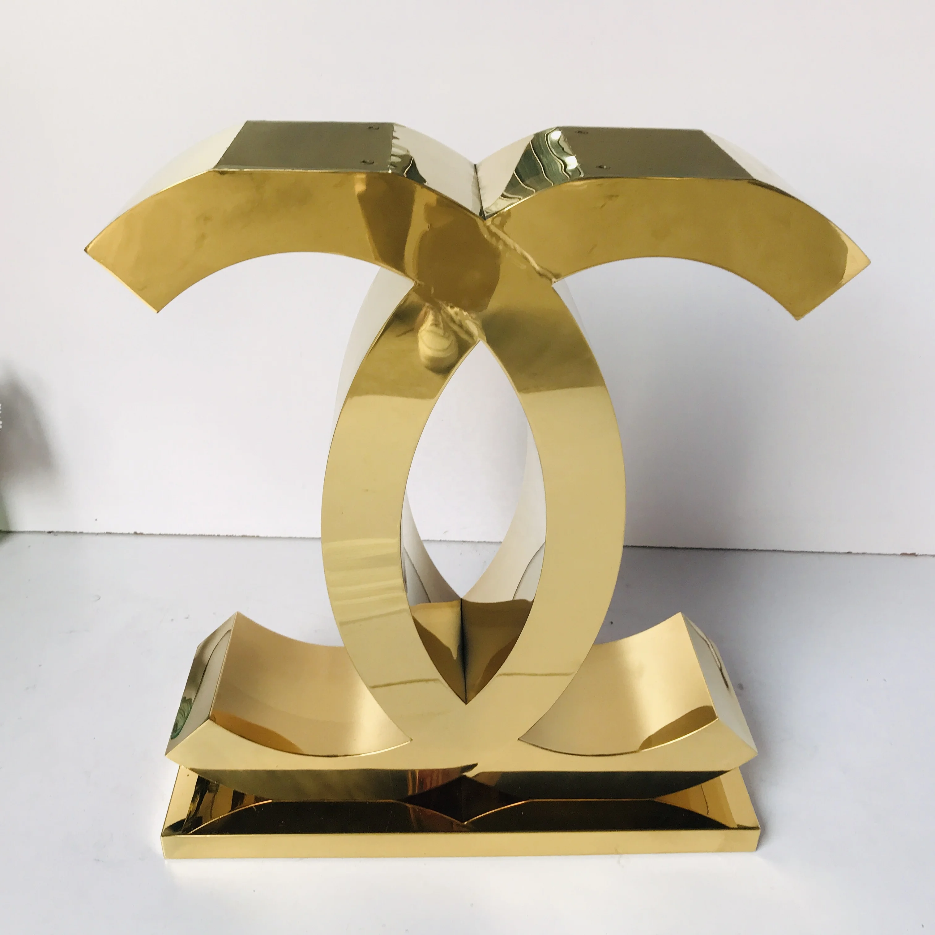 Foshan Factory Price CC Lamp Table Cc Shaped Stainless Steel High Gloss Gold Base Console Table With Marble Top