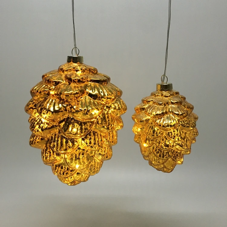 LED battery powered Christmas glass gold pine fruit ornaments are easy to carry for Christmas gifts