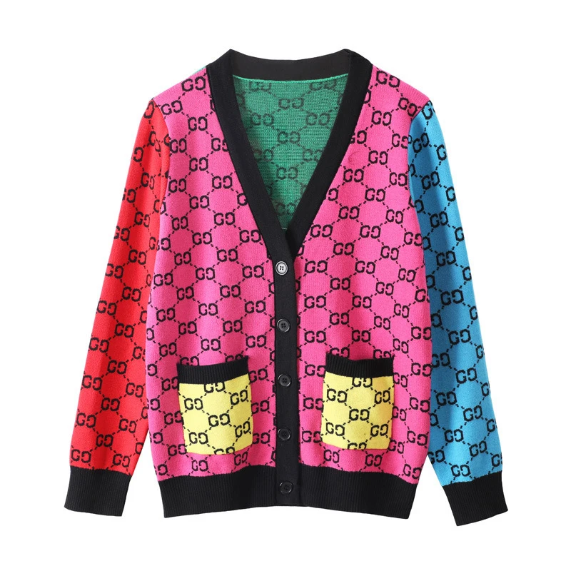 wholesale luxury designer cardigan sweater women knitted colorful  v neck cardigan jacquard gg cardigan sweater