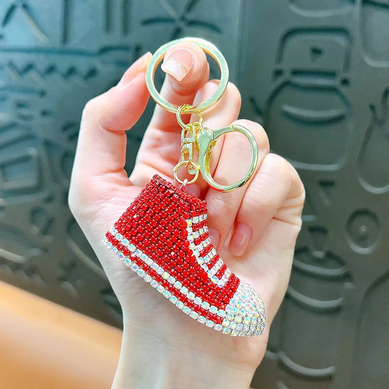 New Full Rhinestone Shoe Keychains Couple Bling Diamond 3d Sneaker Key Chain For Woman Bag Car Keyring Metal Key chain for sale