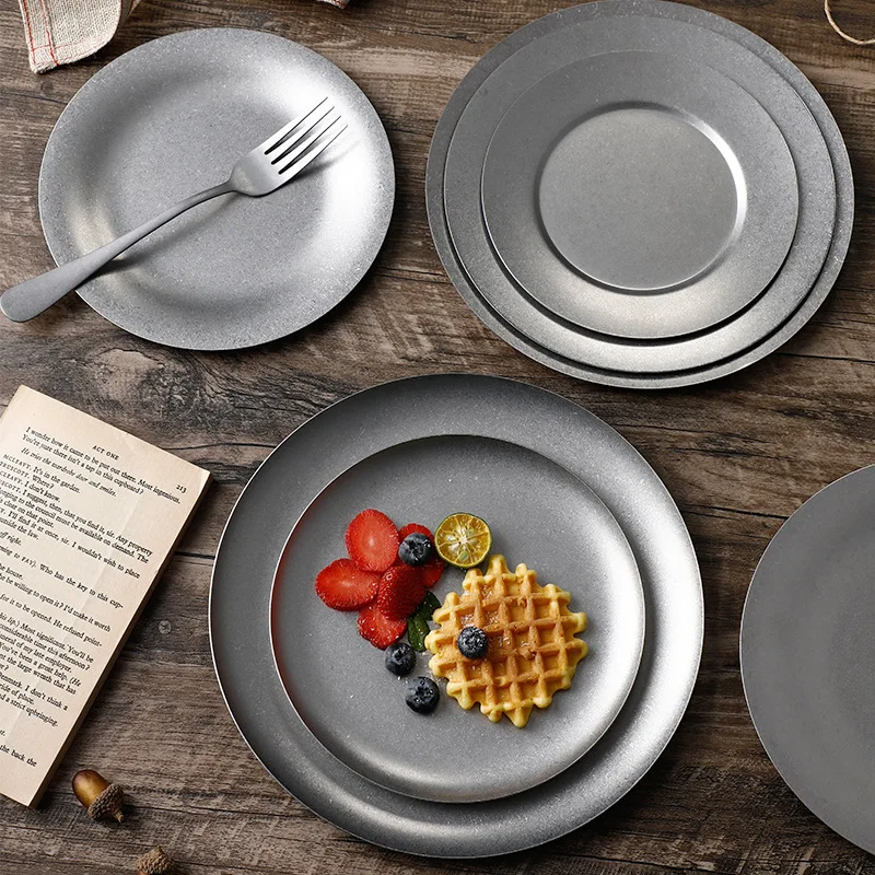 FT0036 Vintage Stainless Steel Plates Round Trays Outdoor Camping Cutlery Make Old Industrial Style Dinner Plates