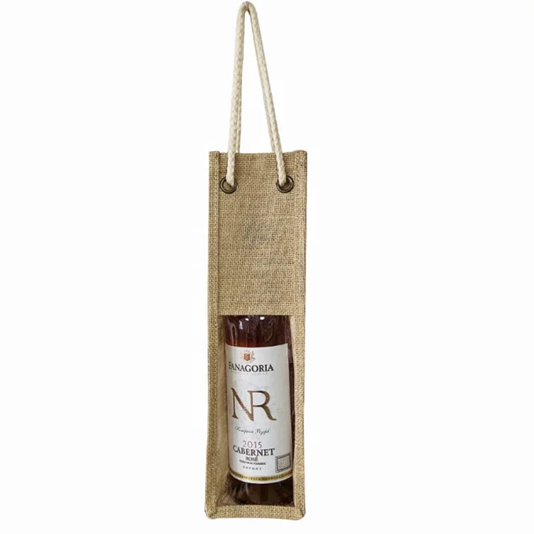 Single Bottle Jute Wine Gift Tote Bags Wine Carry Holder with Rope Handles
