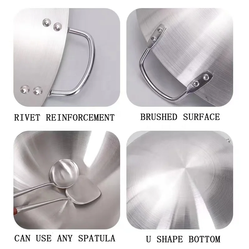 zhongte Professional Stainless Steel 26-100cm Wok Kitchen Utensils Fry pan Stainless Steel Pot big wok two handles