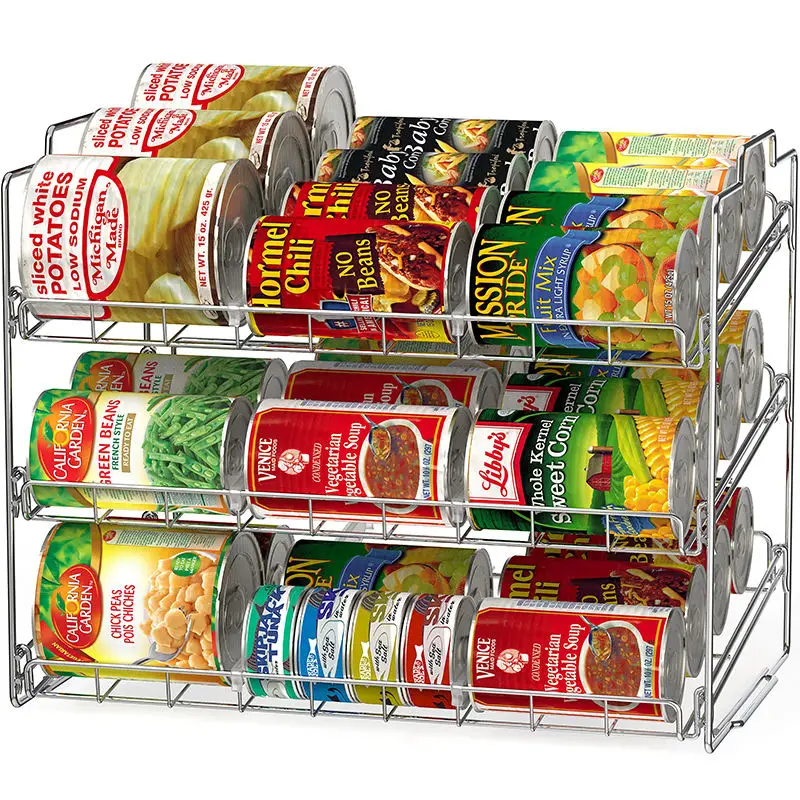 wholesales cheap 3 layer can food storage rack wrought iron rack stackable snack storage organizer rack