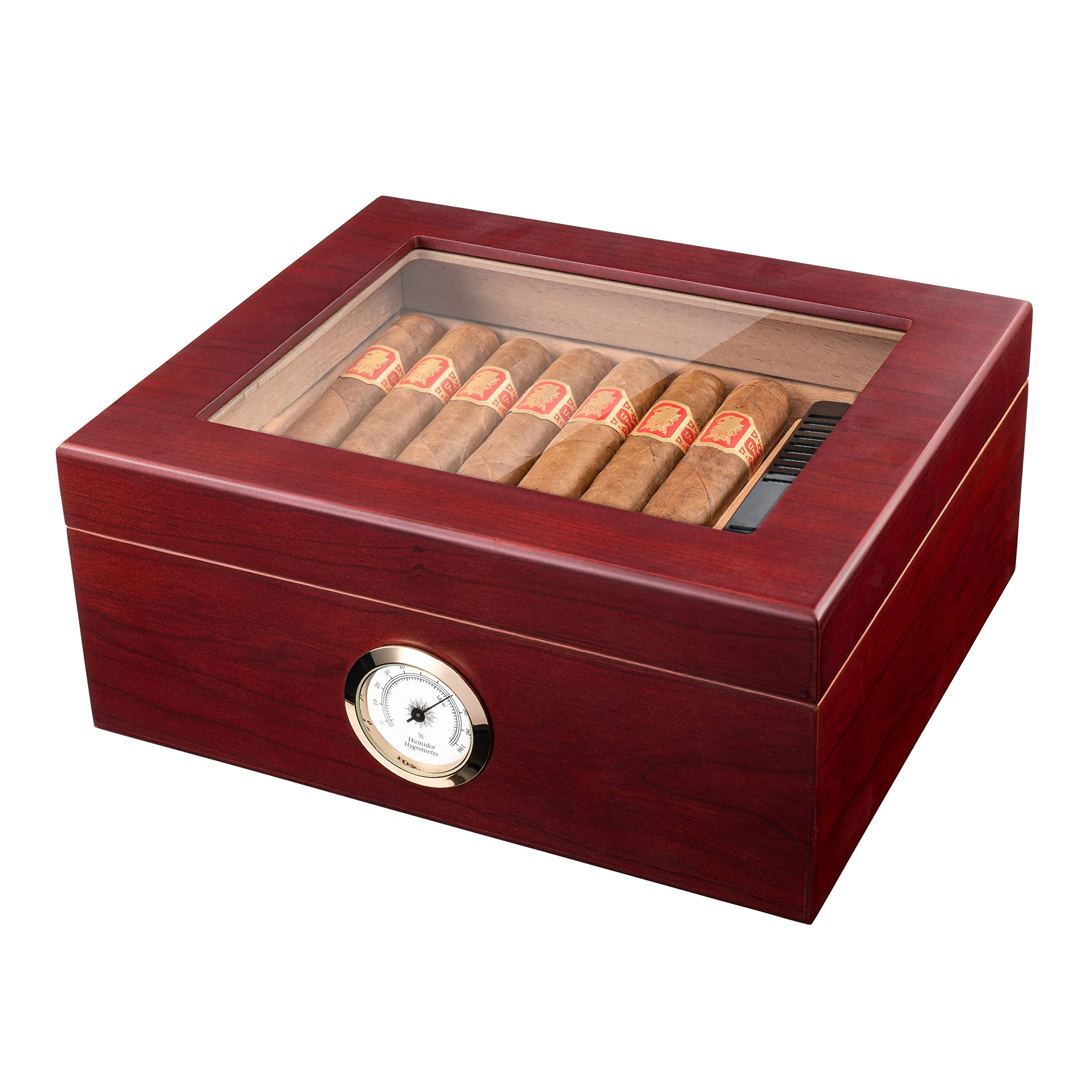 Roxyrolla Travel Glass Top Cedar Wood Cigar Box Electric Numerical Digital Humidifier Cigar Humidor Case With Lighter And Cutter