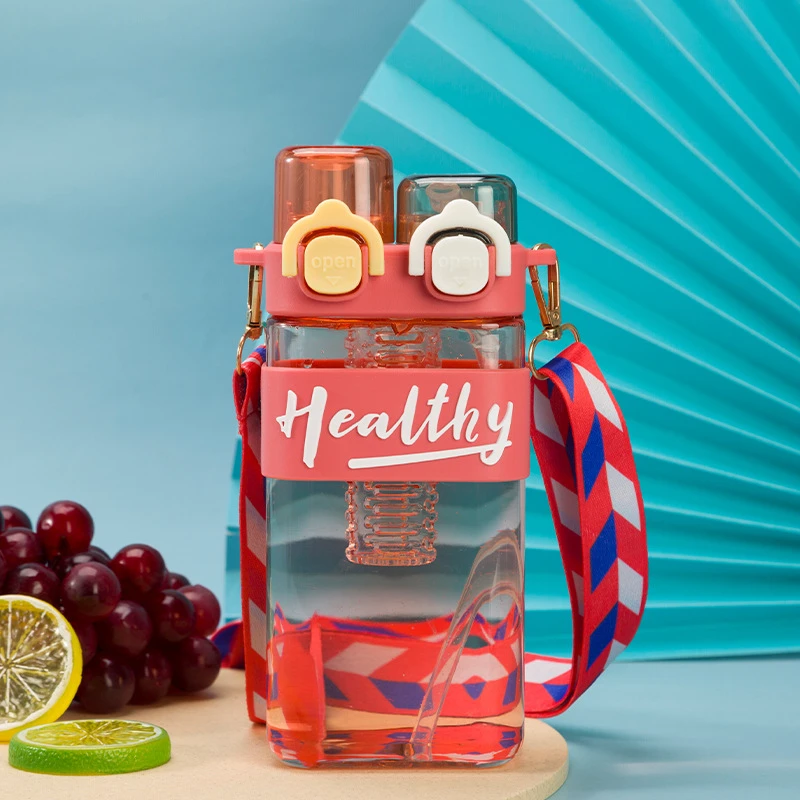 J96 Outdoor Sports kids double drink plastic water bottle student plastic kettle water bottles with strap straw cup wholesale