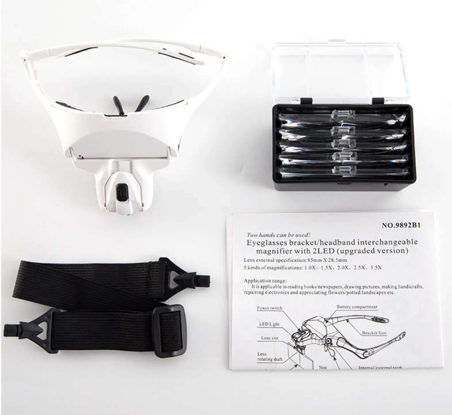 Headband Magnifier Glasses 1X1.5X2X2.5X3.5X  With LED Light Head Mount Magnifier Hands Free Reading Magnifying Glass