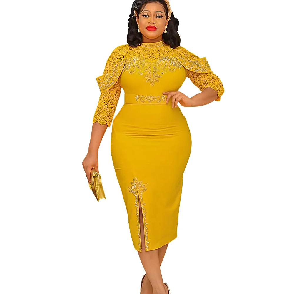 New style fashion sexy rhinestone slim fit high waist lace dress long sleeve temperament party dress plus size women clothing