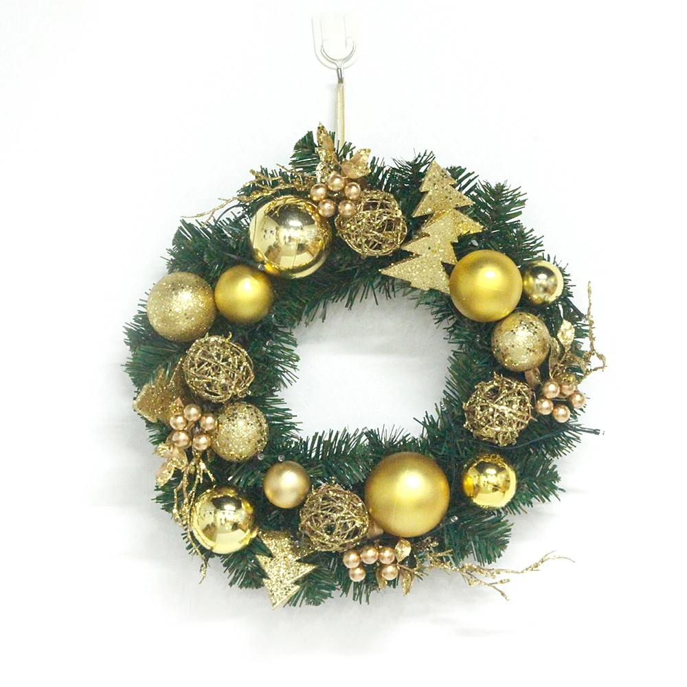 Custom 16 inch Gold pinecone Glitter Branch Christmas Wreath With Lights gold Balls Decorative 40cm Wreath