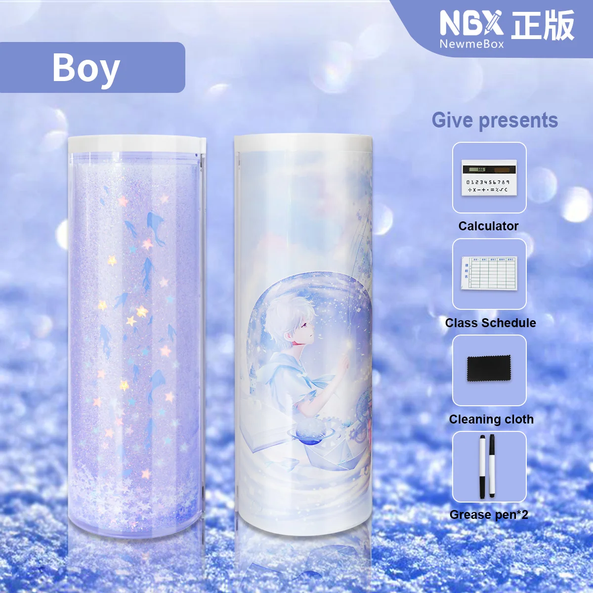 
NBX Blue Cartoon Pencil Case Large Capacity Creative Glitter Quicksand Pencil Box With Calculator And Mirror Stationery Box 