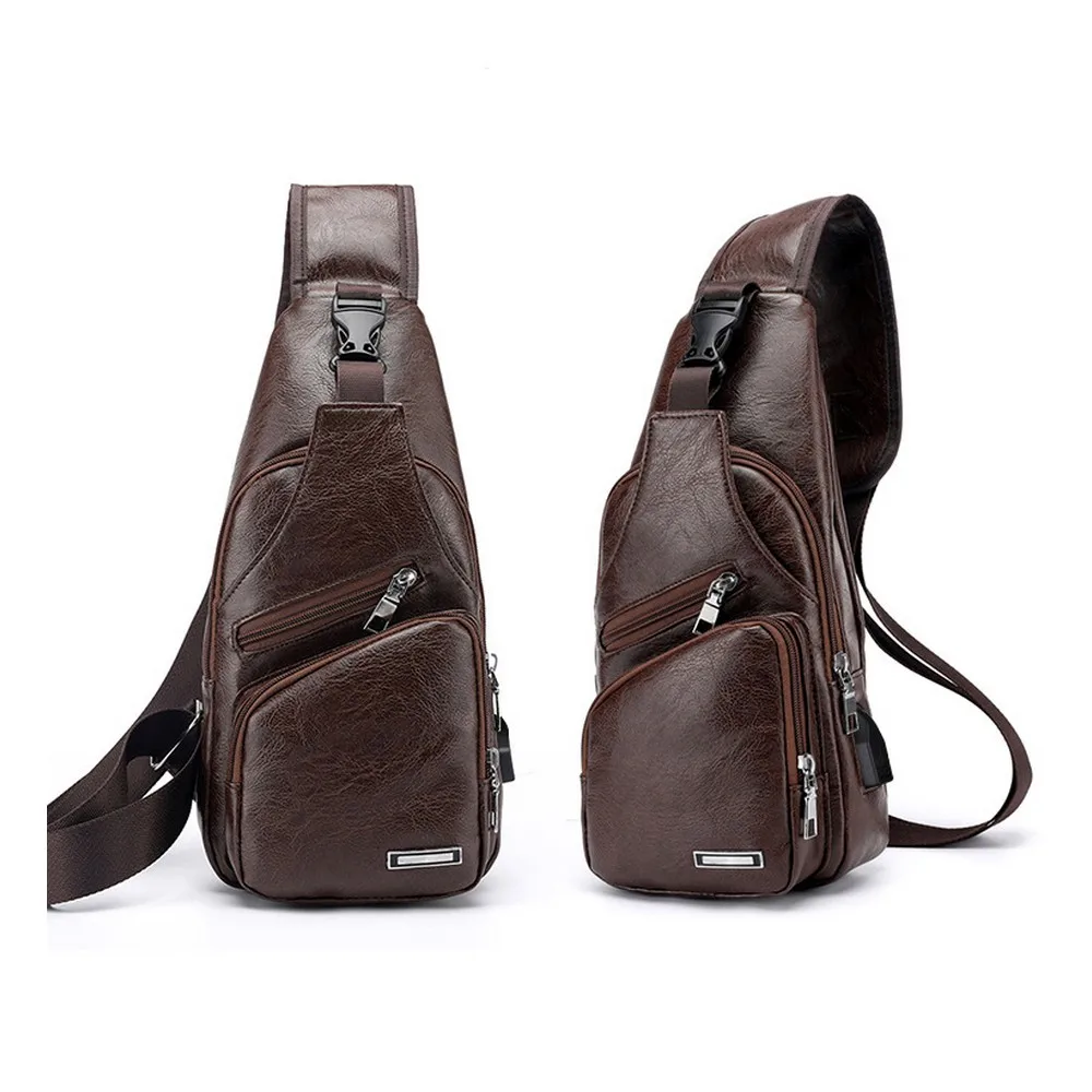 Mens Pu Leather Chest Bag Travel Intelligent Charge Sling Backpack Casual Carrying Usb Charger Crossbody Messenger Shoulder Bag