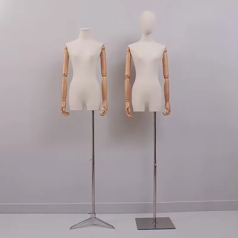 Fabric Half Body Manikin High End Female Headless White Fabric Female Plastic Mannequin With Stand With Silver Color Tripod Base
