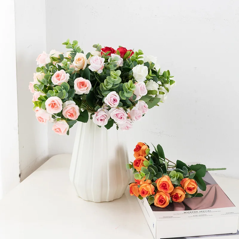 Hot selling outdoor flower decoration flower simulation bouquet mini  single  rose bouquet wedding home set silk flower