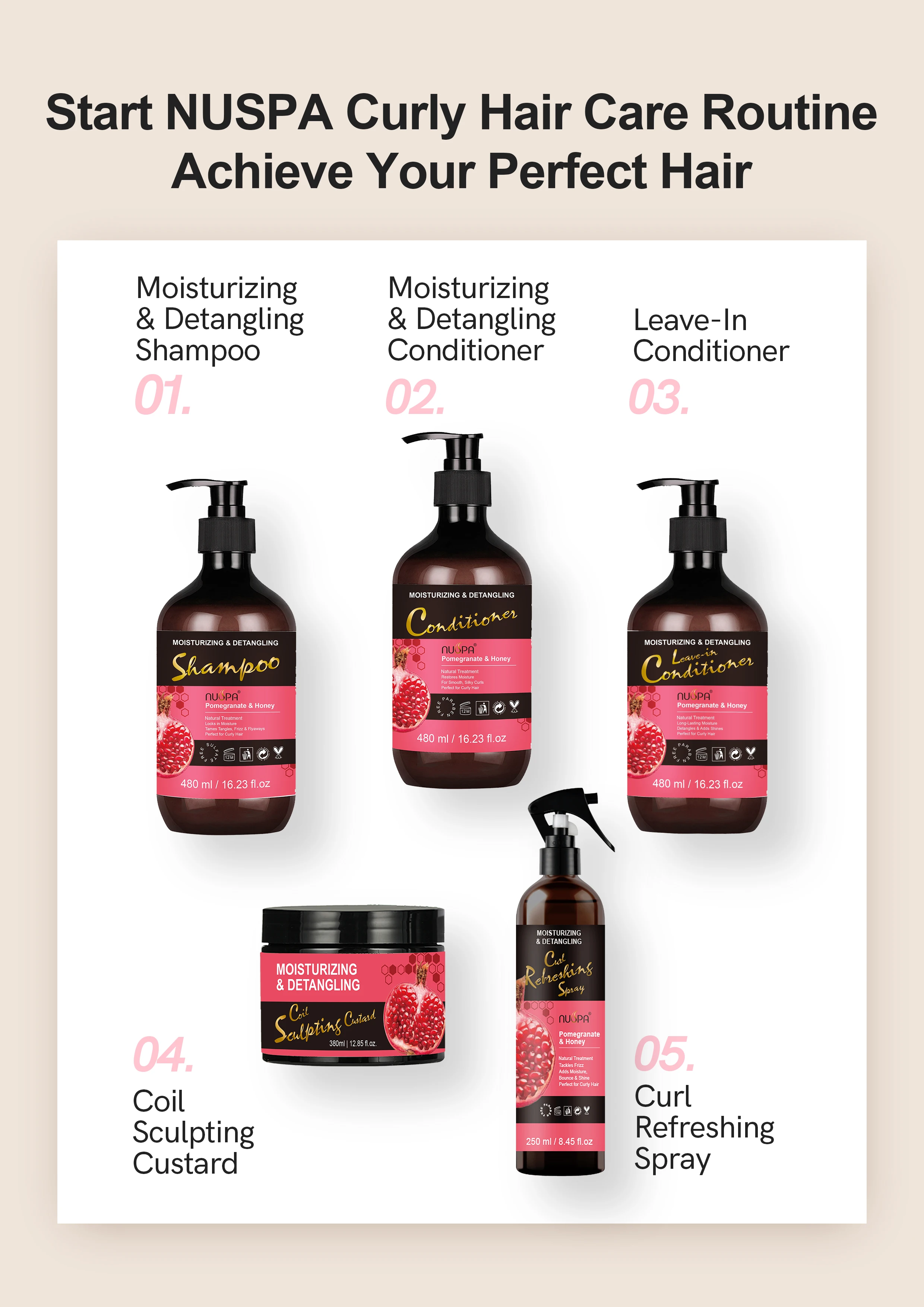 Nuspa Wholesale Deep Conditioning Curls Reduce Frizz Hair Care Treatment Organic Pomegranate Honey Leave-in Conditioner