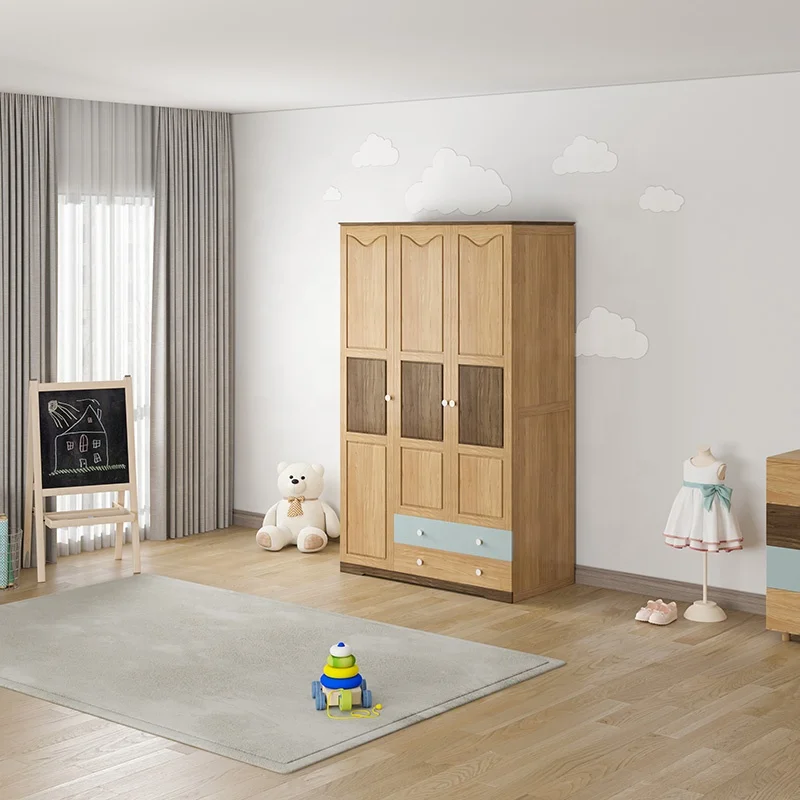Wholesale Customized boy or girl kids children bedroom furniture beds wood kids bed Set with 3-door wardrobe desk and bed