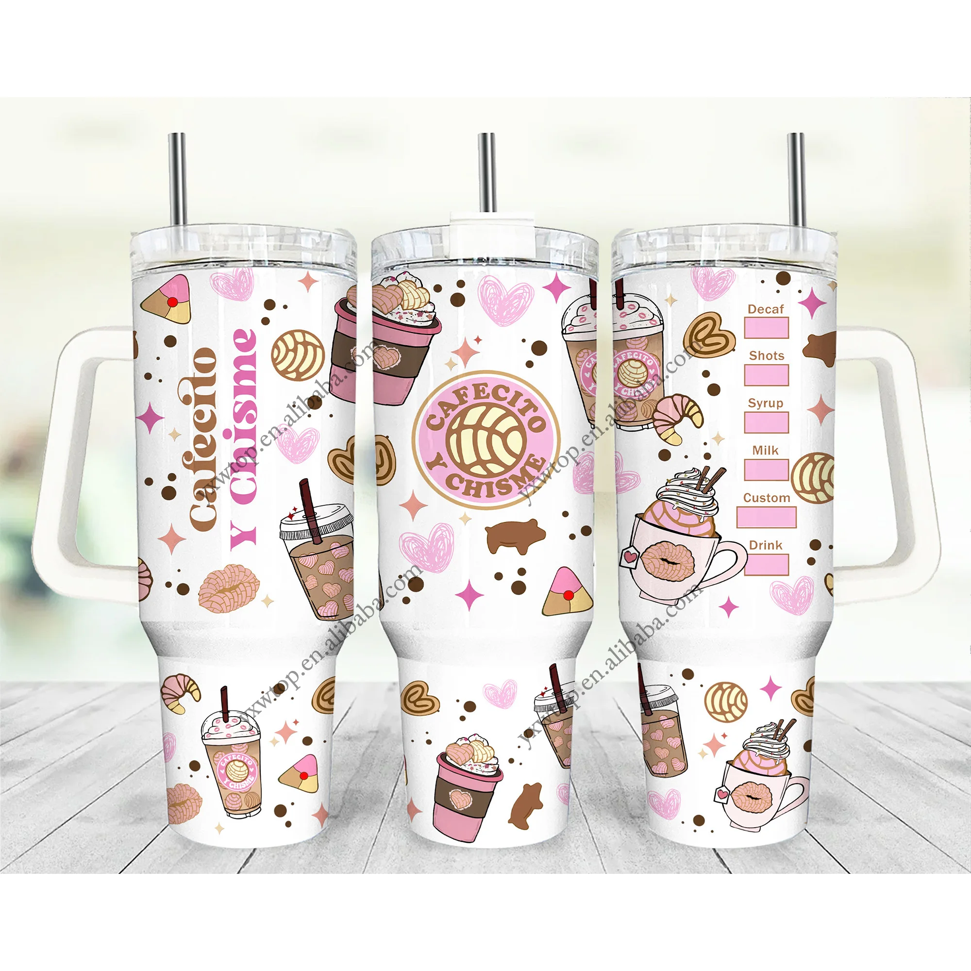 custom mexican Cafecito Y Chisme Concha Pan Stainless Steel 40oz coffee tumbler insulated thermal water bottle for valentines