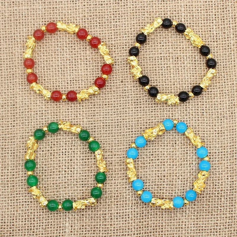 8MM Classic Elastic Gold Plated Pixiu Black Obsidian Shungite Bracelet Colorful Glass Beads Pixiu Lucky Bracelet