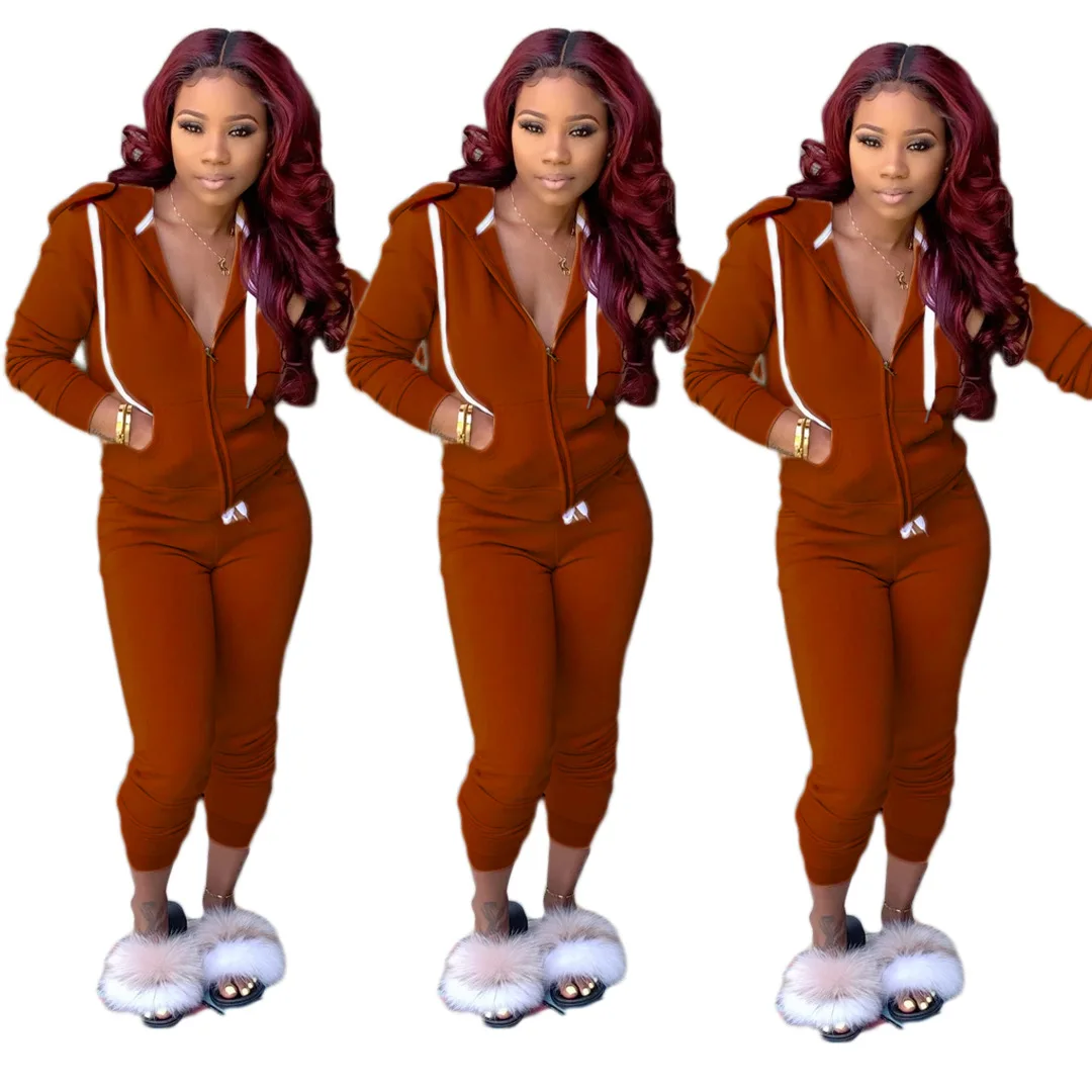 
New arrival solid long sleeve solid zip sweatshirt pencil pants women two piece set 