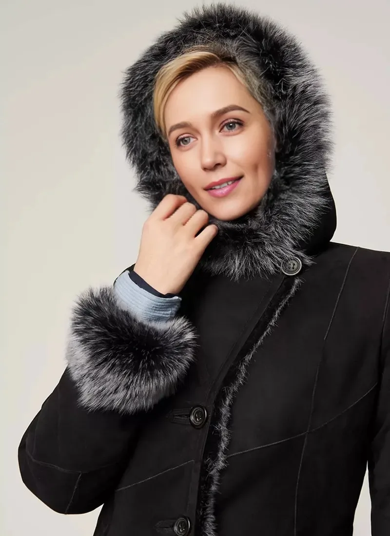 NAFA OEM Customize Ladys Luxury Casual Elegant Lamb Fur Shearling Long Coat for Winter Outer Wear