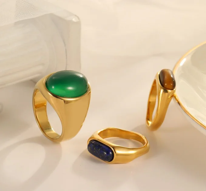 Waterproof High-quality Steel Green Opal Gold Ring Stainless Steel Rings For Men Women