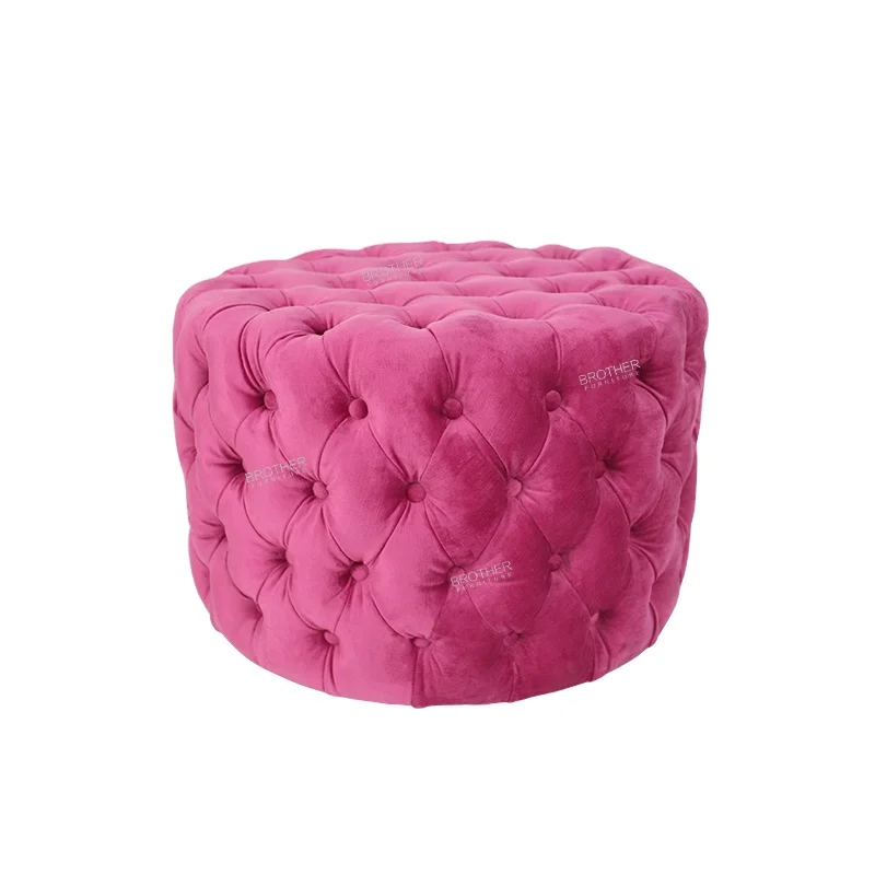 Custom ivory beige velvet ottoman living room stool pink velvet round pouf ottoman tufted velvet ottoman