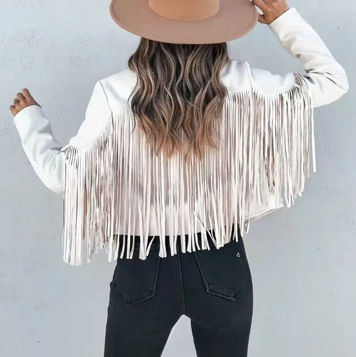 2024 Fall Tassel Fringe Faux Suede Leather Motorcycle Lapel Short Cropped Jacket Outerwear