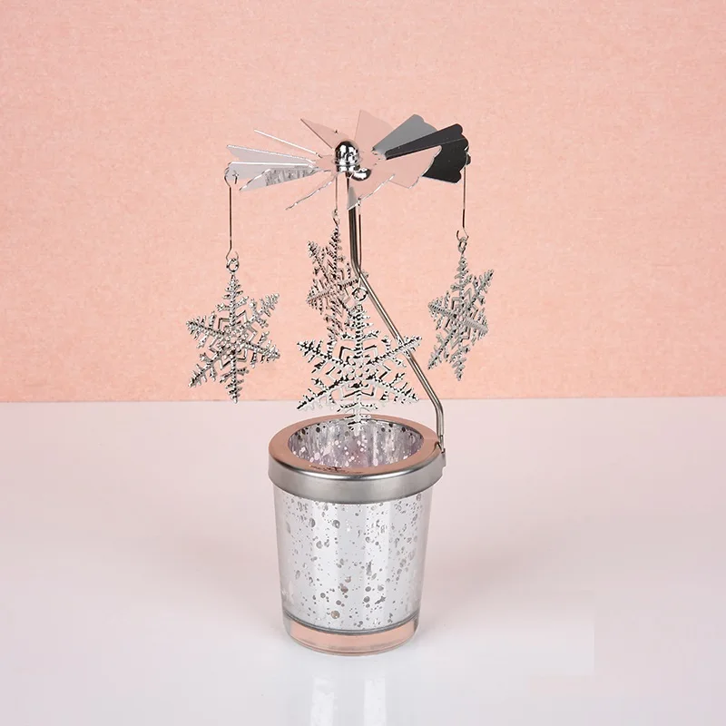 Family Holiday Sliver Wrought Iron Christmas Romantic Wedding and Table Decoration Heat Wind Rotating Tealight Candle holder