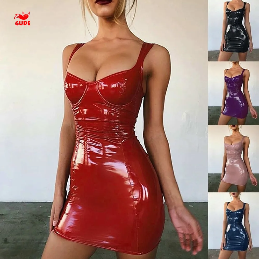 Сексуальное короткое платье с открытой спиной для клубной вечеринки женское мини-платье из искусственной кожи сексуальное Клубное без рукавов на бретелях