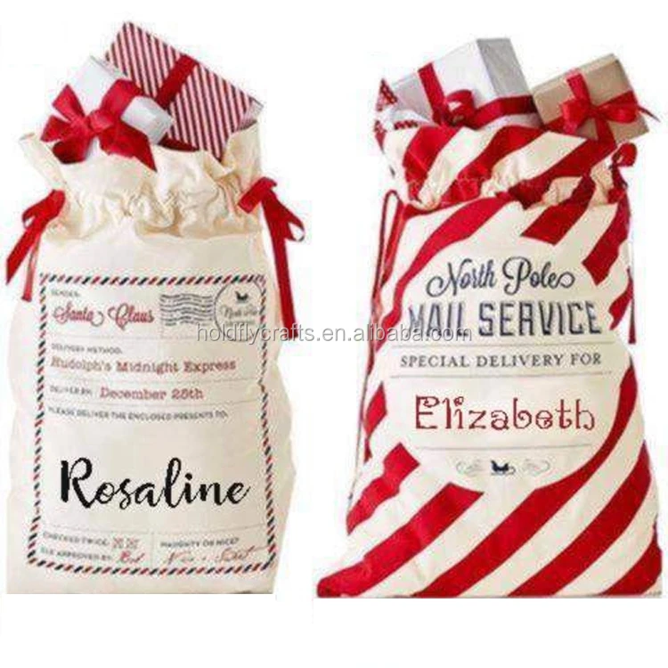 Factory Custom Sublimation Canvas Christmas Santa Sack Red Drawstring Stripe Candy Bag Linen Plaid Blank Large Cotton Gift Sack