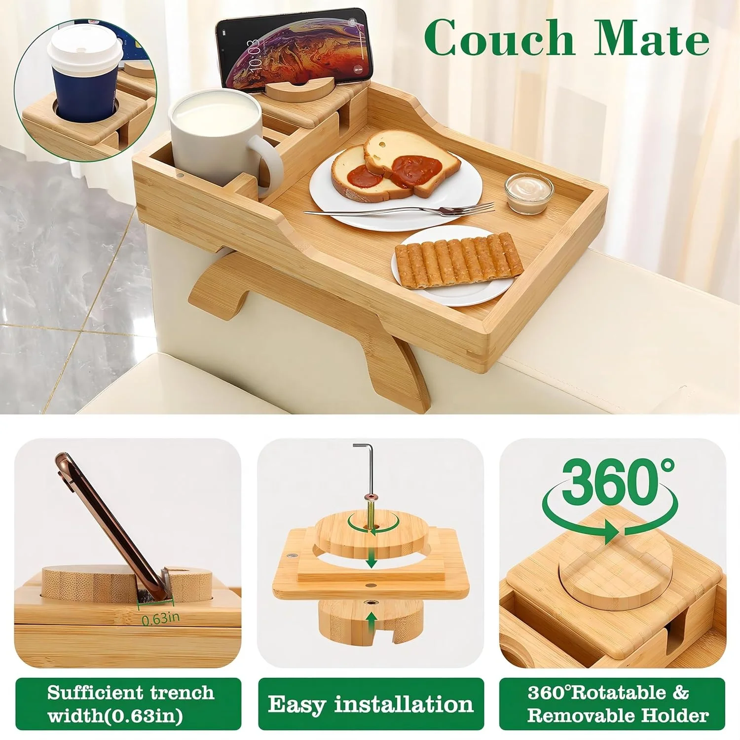 Bamboo Folding Couch Arm Table TV Trays Sofa Snack Table with Rotating Phone Pad Bracket