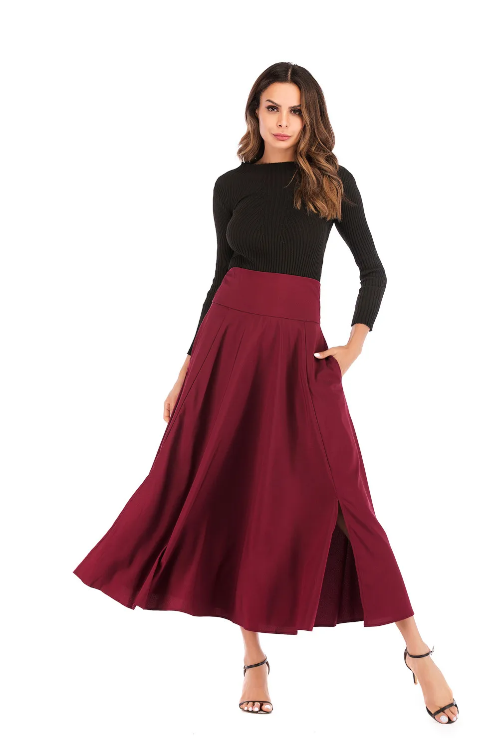 High Waist Pocket Skirts Womens Spring Split Side Fashion Long Pleated Skirt With Belt Casual Ladies Saia Longa Gray E8601