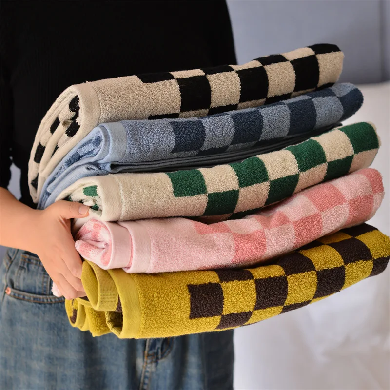 MRTONG 100% Cotton Terry Jacquard Woven Yarn-dyed Checkerboard Bath Towel