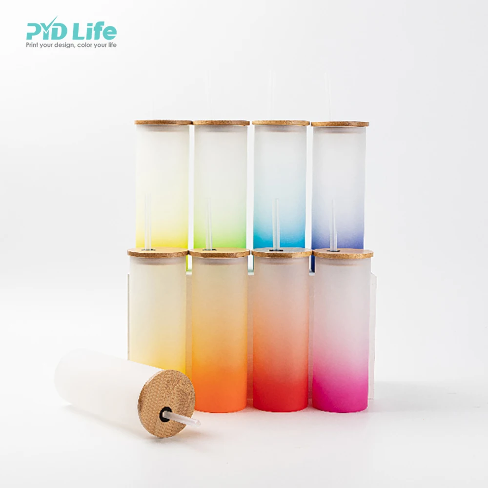 PYD Life Sublimation 17oz Frosted Glass Gradient Tumbler Skinny Blank Straight Sublimation Tumbler with Straw And Bamboo Lid
