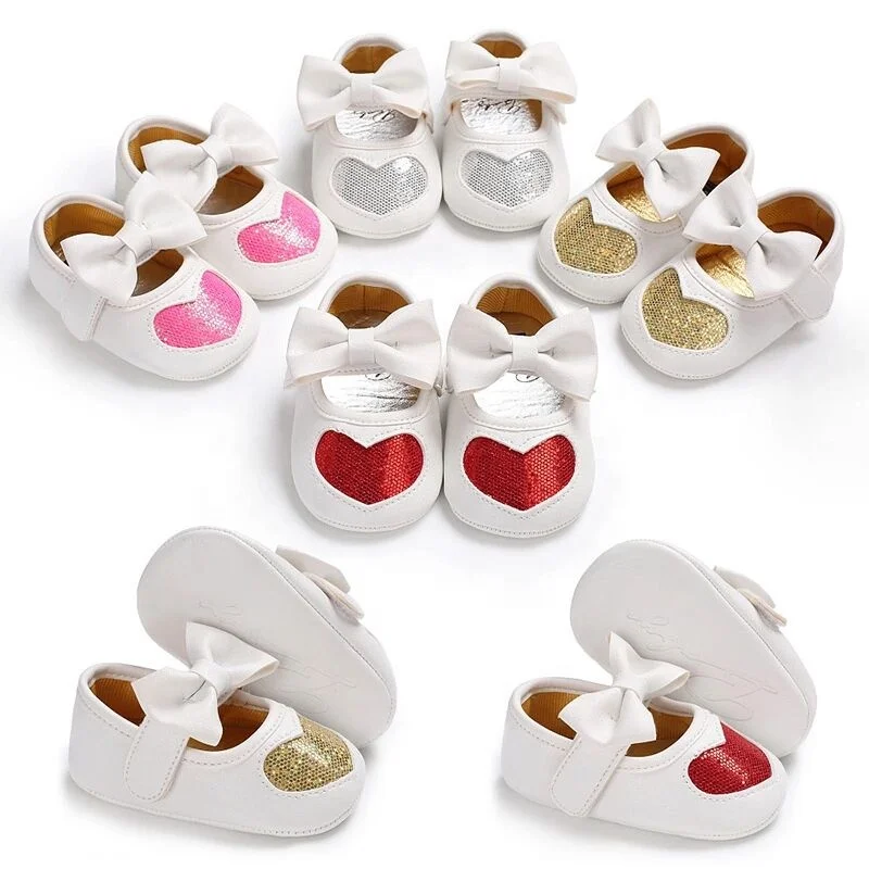 White Glitter Heart Kids Girls Mary Janes Newborn Baby Shoes with bow