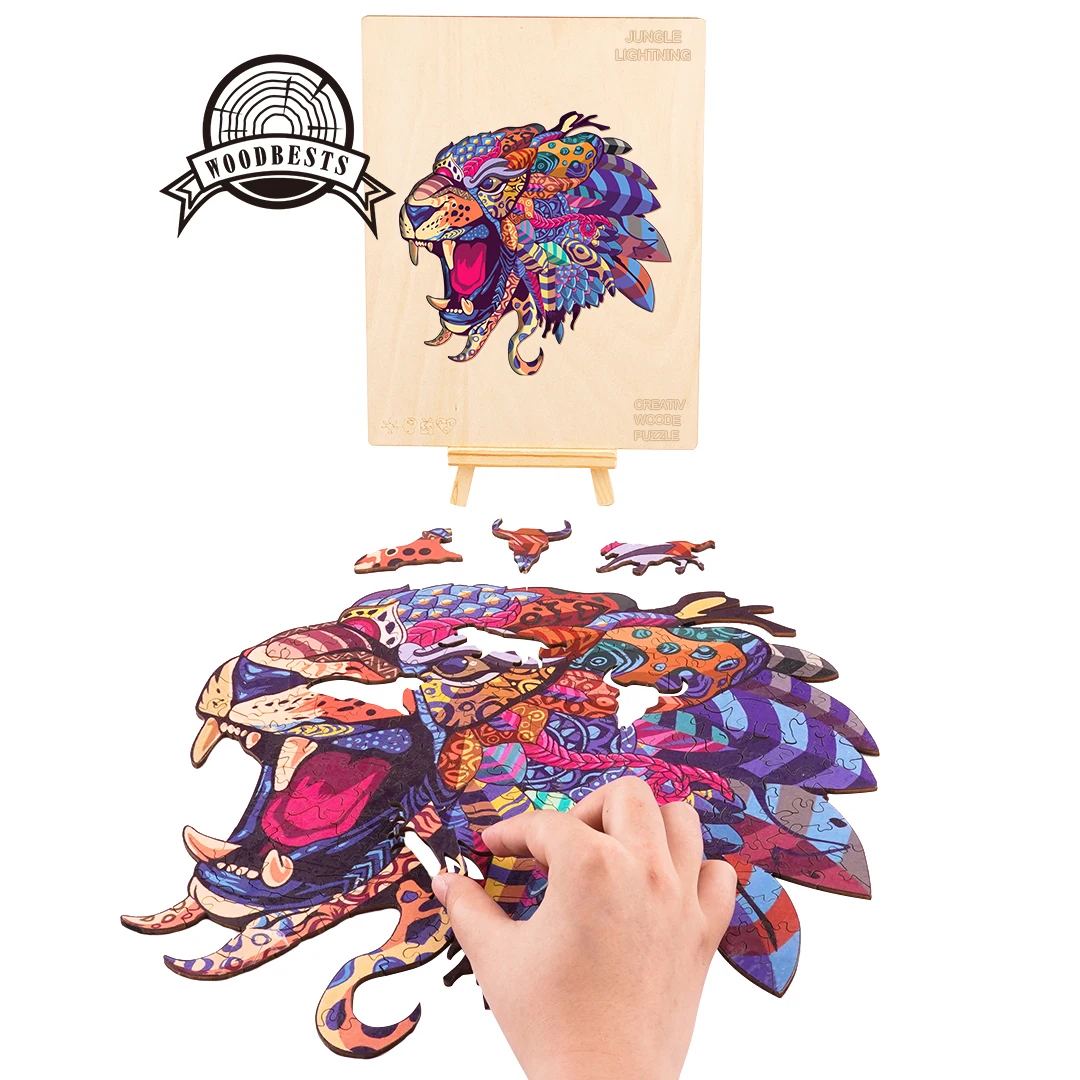 Amazon Hot Selling Unique Animal Shaped Wooden Jigsaw Puzzle JUNGLE LIGHTNING Laser Cutting Wooden Puzzles for adults