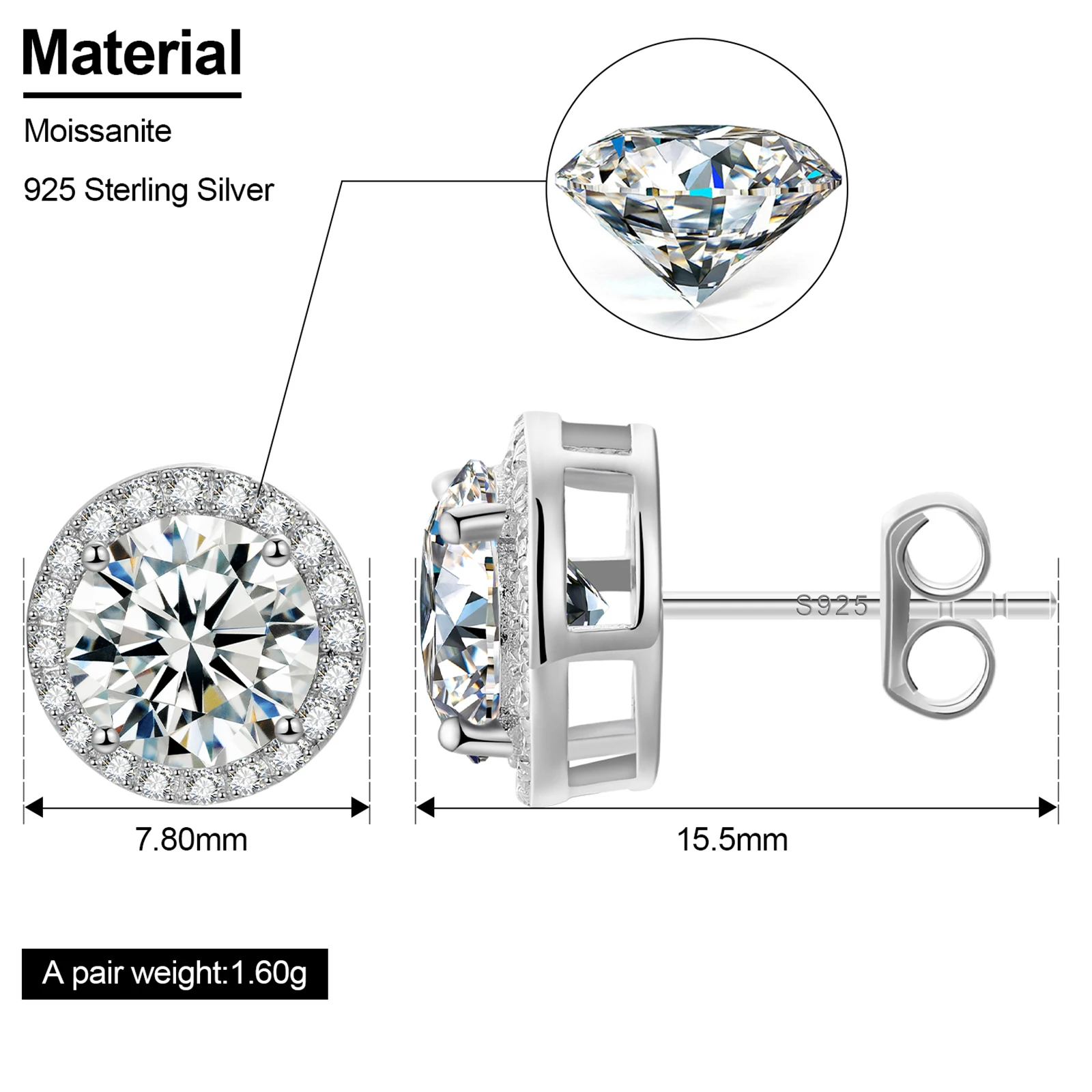 Pass Diamond Tester Fashion 5mm-8mm White Gold 925 Sterling Silver VVS Moissanite Diamond Push Back Halo Stud Earrings Men Women