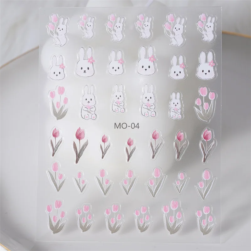 5D Engraved Tulip Nail Art Stickers Pink White Floral Flower Acrylic Embossed Sliders Summer Nail Manicure Deco