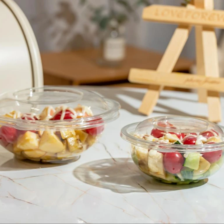 Plastic disposable salad container with lid clear salad bowl 24oz 32oz 178mm transparent noodle fruit packaging custom logo