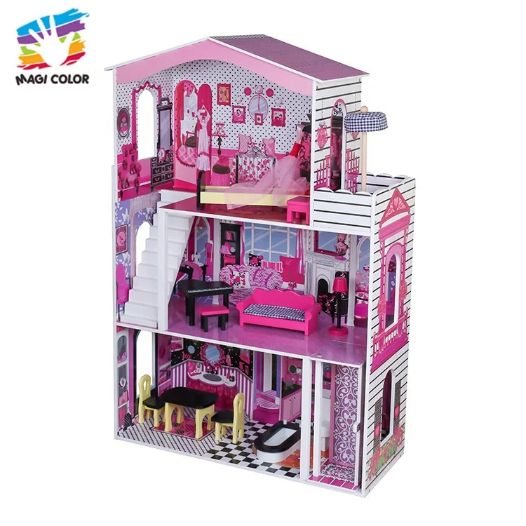 
OEM/ODM girls wooden large dolls house with furniture W06A355C 