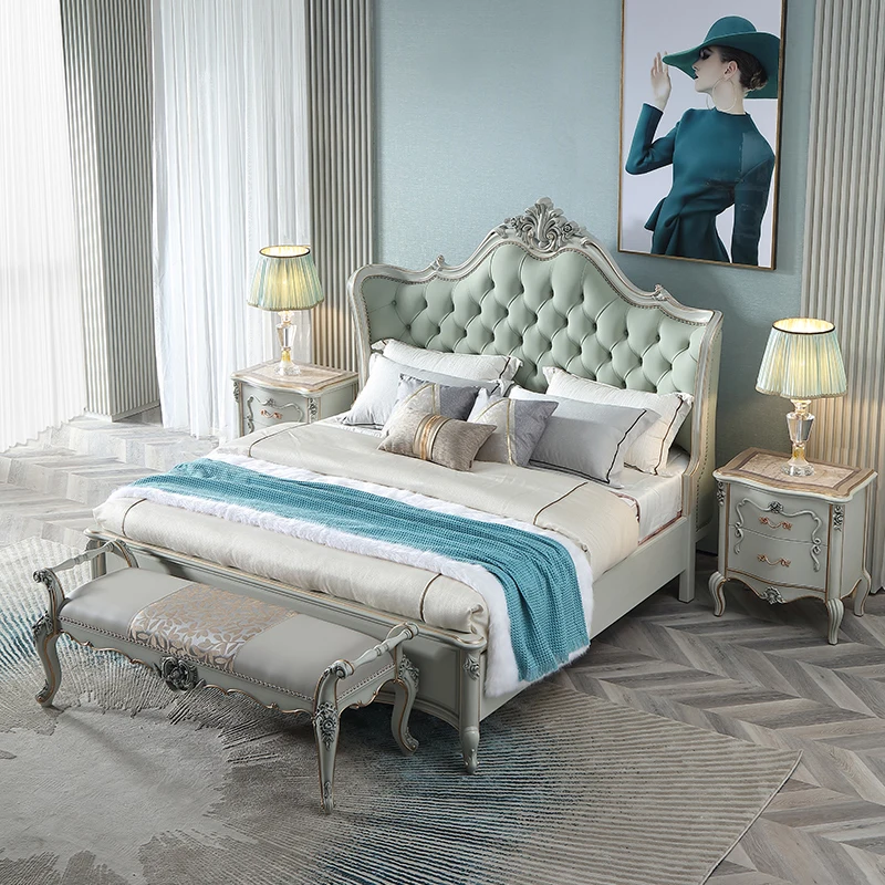 European style bedroom furniture sets classical luxury wooden up-holstered luxury beds