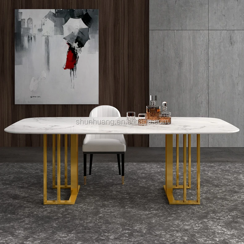 
Elegant style stainless steel dining set kitchen furniture with rectangle marble table 