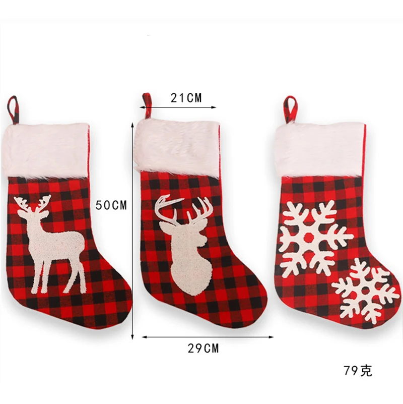 
2021 Wholesale Cute Christmas Decoration Supplies Hairy Plaid Elk Red Socks Gift Box Ornaments Bags Felt Xmas Stocking In Bulk 