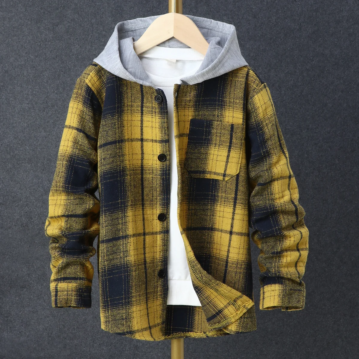 2022 Spring Autumn Children Boys Clothes Long Sleeved Single Breasted Plaid Hooded Sweater Teenage Shirt Kids Coat
