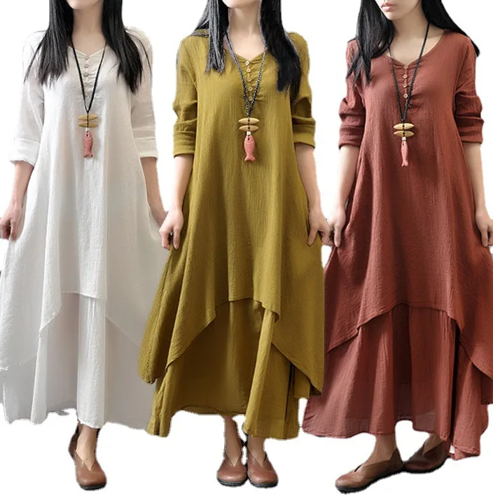 HKRED RTS Wholesale Lady Solid Color Long Sleeve Cotton Korean Maxi Women Linen Dress With Plus Size Casual Dresses