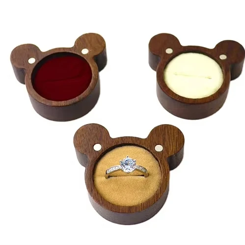 Solid wood jewelry box Vintage Wood bear Ring boxes for ring gifts teddy bear ring box