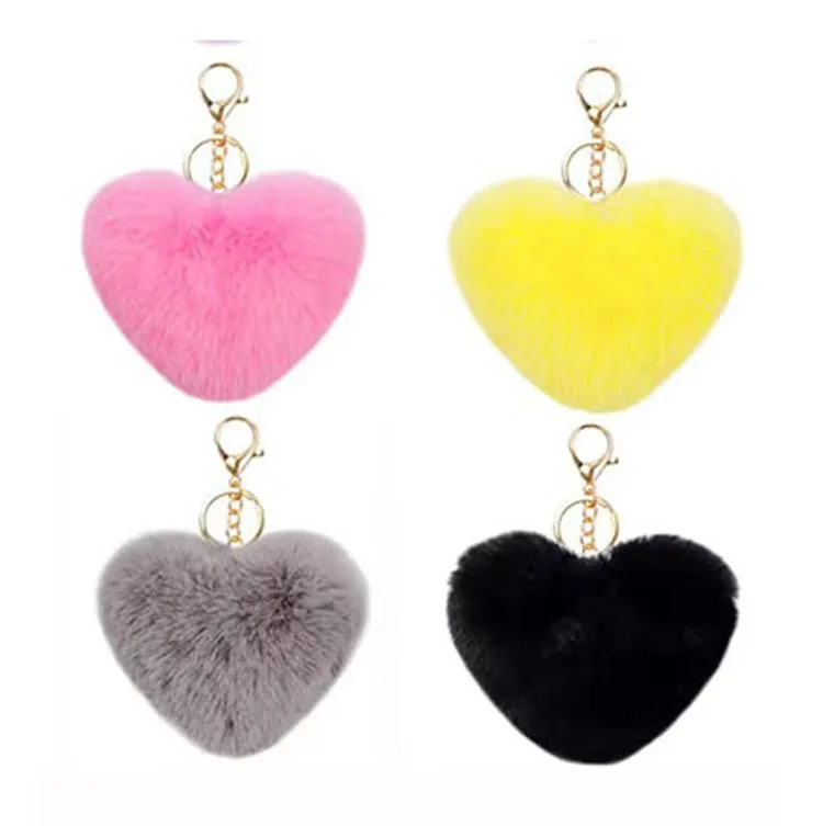 Heart Keychain Fluffy Pompom Keychain Heart Plush Key Chains