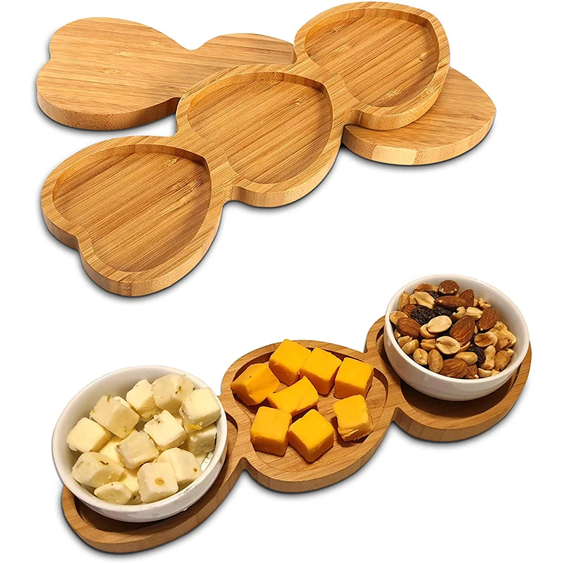 Natural Wooden Biodegradable Reusable Snack Dinner Party Plates Bamboo Plates Heart Shaped Wood Plate 2 Pack