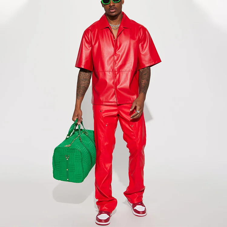 Black Summer Custom Logo Men Blank Faux PU Leather Short Sleeve Button Up Shirts