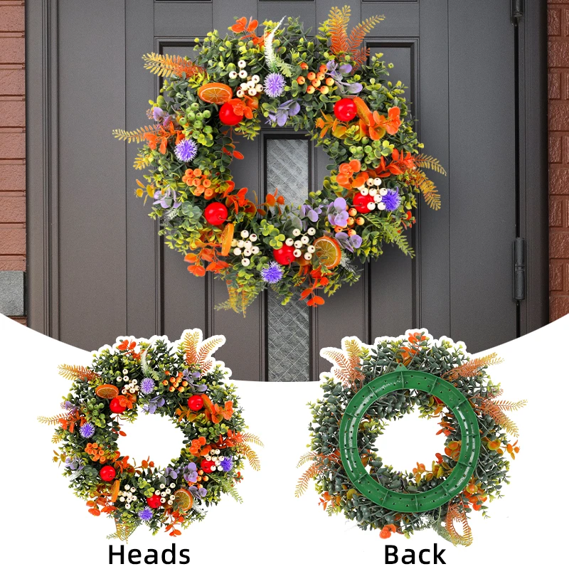 Unique 17.7-inch artificial flower wreath with fruit decorated farmhouse out door decoration, kitchen wall hanging